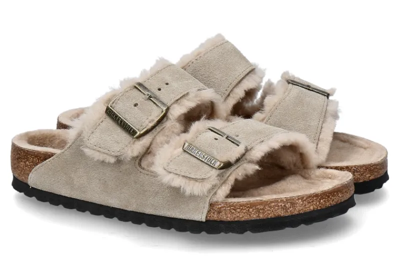 Damen Birkenstock Pantolette ARIZONA SHEARLING NORMAL velourleder- taupe