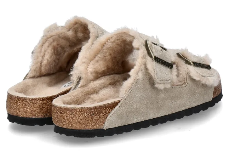 Damen Birkenstock Pantolette ARIZONA SHEARLING NORMAL velourleder- taupe