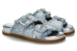 Damen Coral Blue Pantolette slide metal denim white