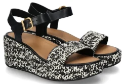 Damen Fitflop Keilsandale RAFFIA LEATHER- schwarz/ivory mix