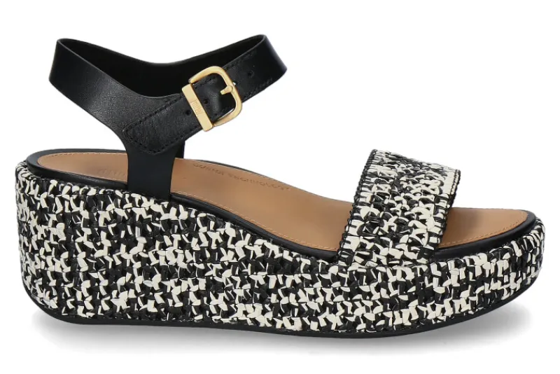 Damen Fitflop Keilsandale RAFFIA LEATHER- schwarz/ivory mix