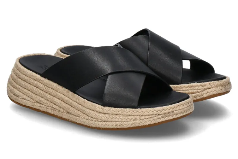 Damen Fitflop Pantolette F-MODE ESPADRILLE LEATHER FLATFORM CROSS SLIDES- black/schwarz