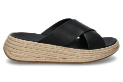 Damen Fitflop Pantolette F-MODE ESPADRILLE LEATHER FLATFORM CROSS SLIDES- black/schwarz
