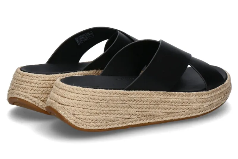 Damen Fitflop Pantolette F-MODE ESPADRILLE LEATHER FLATFORM CROSS SLIDES- black/schwarz