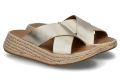 Damen Fitflop Pantolette F-MODE ESPADRILLE LEATHER FLATFORM CROSS SLIDES- platino/gold