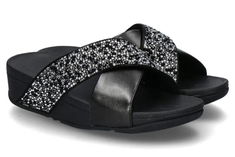 Damen Fitflop Pantolette LULU CRYSTAL-MIX METALLIC CROSS- all black/schwarz
