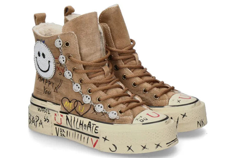 Damen Nan-Ku Couture High Top Sneaker gefüttert VELOUR- camel/braun