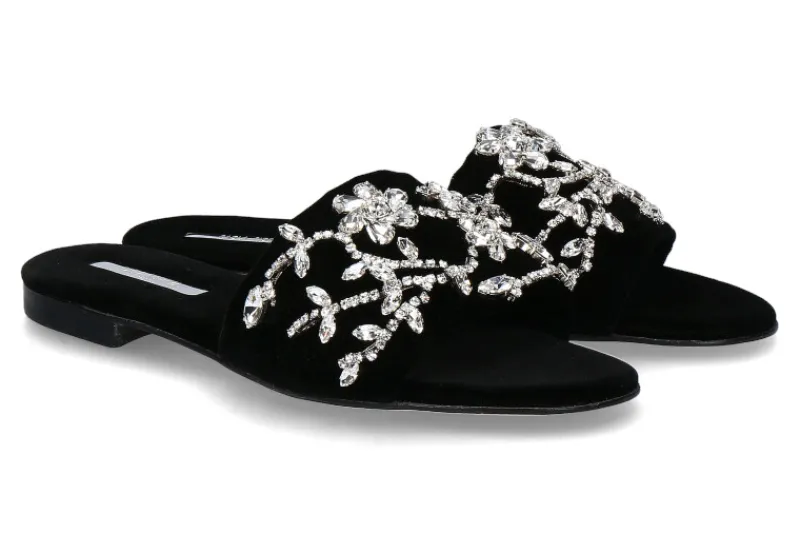 Damen Paola Fiorenza Pantolette VELLUTO NERO MICROCRISTALLI- foglie silver