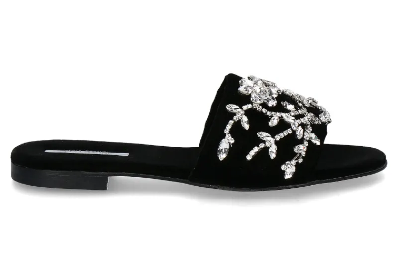 Damen Paola Fiorenza Pantolette VELLUTO NERO MICROCRISTALLI- foglie silver