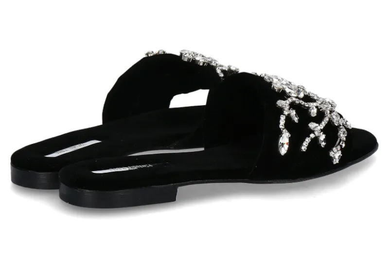 Damen Paola Fiorenza Pantolette VELLUTO NERO MICROCRISTALLI- foglie silver