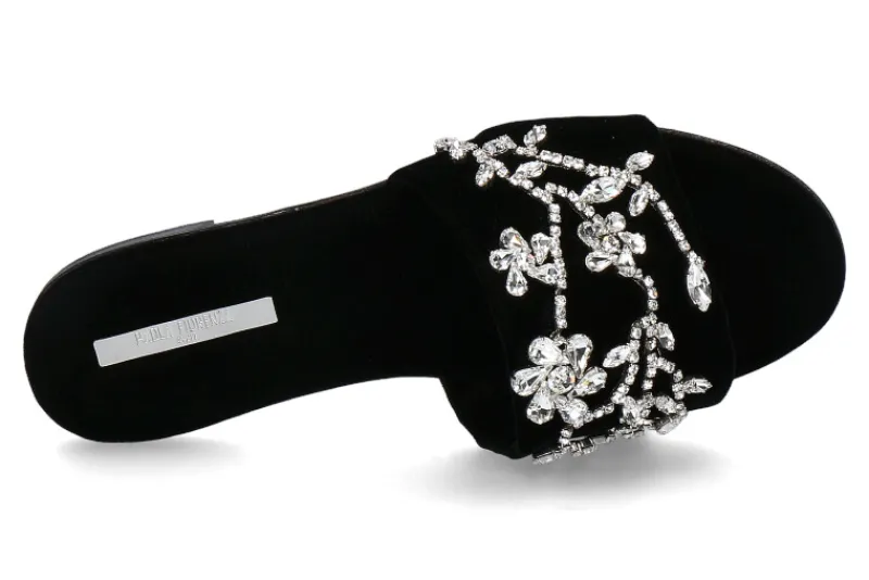 Damen Paola Fiorenza Pantolette VELLUTO NERO MICROCRISTALLI- foglie silver