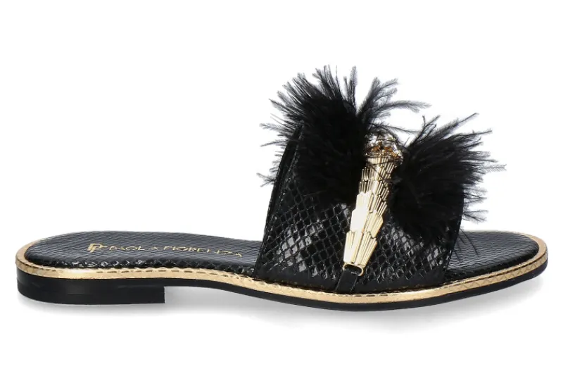 Damen Paola Fiorenza Pantolette COBRA PITONE- piume nero snake