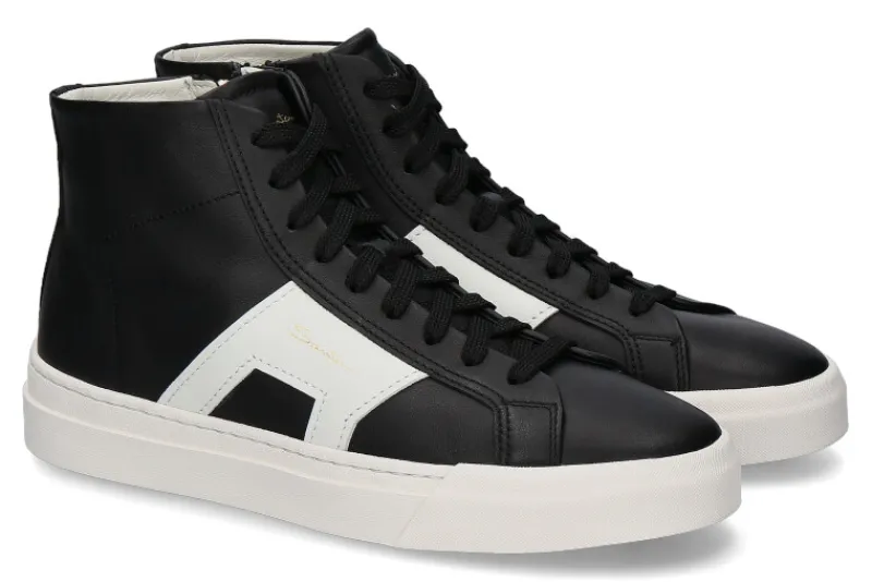 Herren Santoni Mid- Cut Sneaker DOUBLE BUCKLE BLACK WHT- schwarz